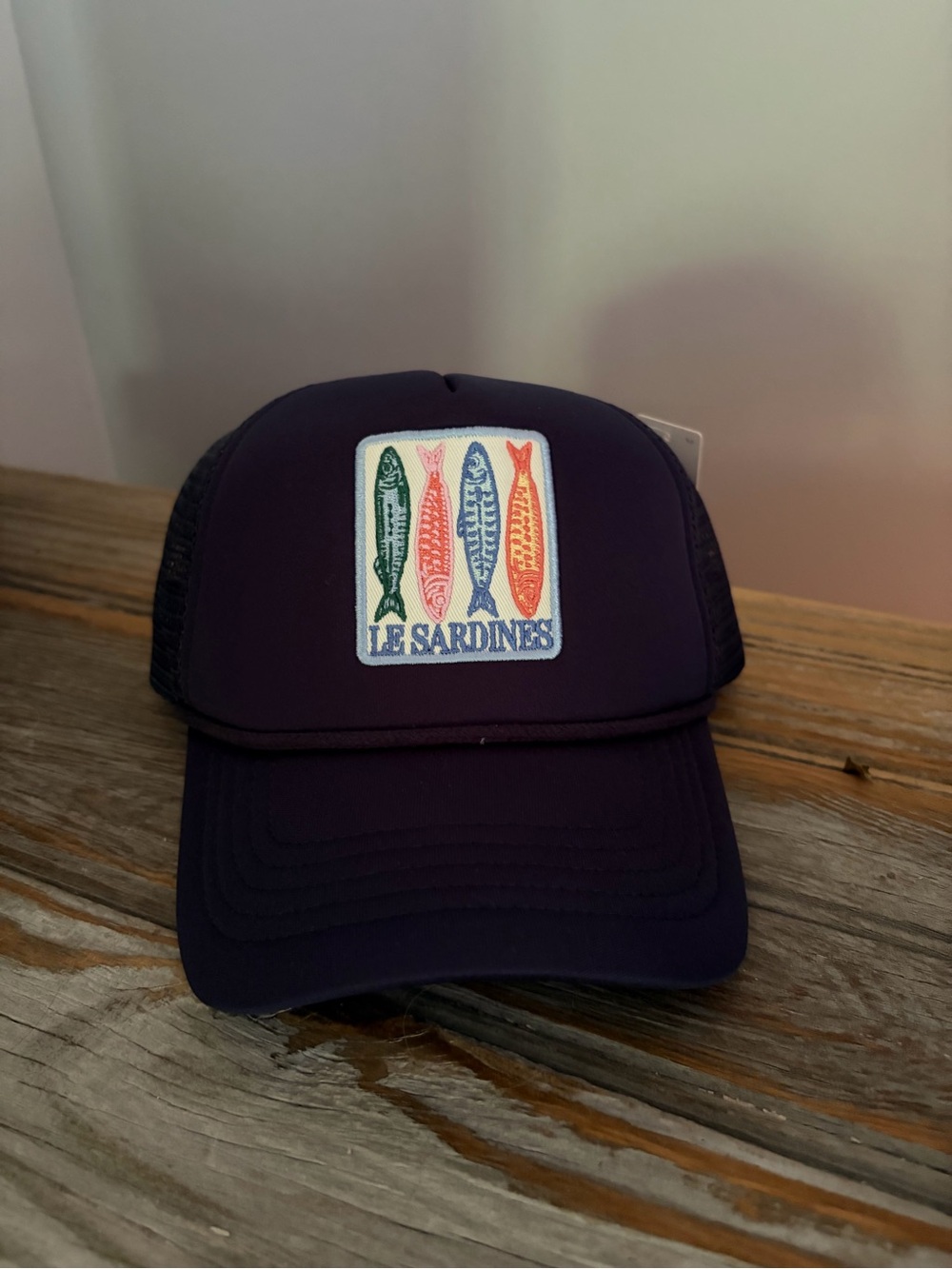 Anthropologie Navy Trucker Hat with Colorful Fish Patch Sardines NWT